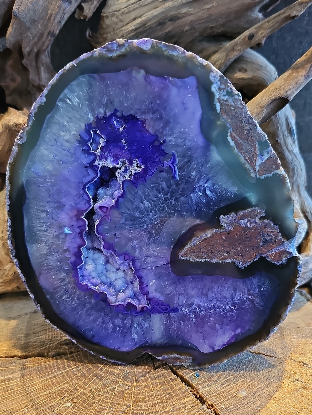 Natural Purple Agate Geode Slice With Druzy Cave